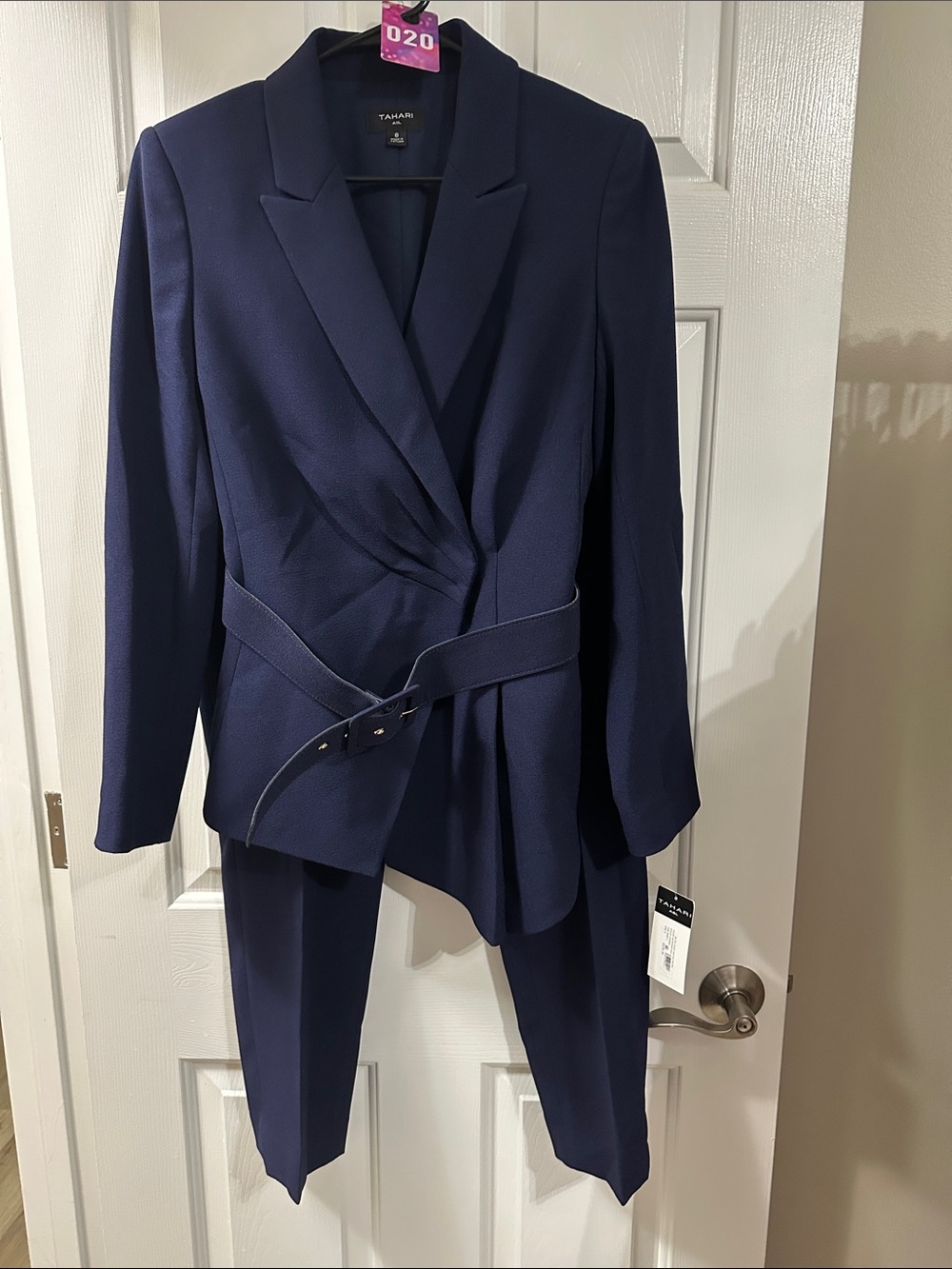 Tahari Navy Wrap Blazer with Buckle Belt and matching pants Gorgeous! $229 msrp